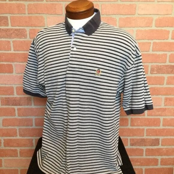 Tommy Hilfiger Mens Polo Shirt Size L Striped Golf Preppy Flag Tag Short Sleeve - Picture 1 of 5